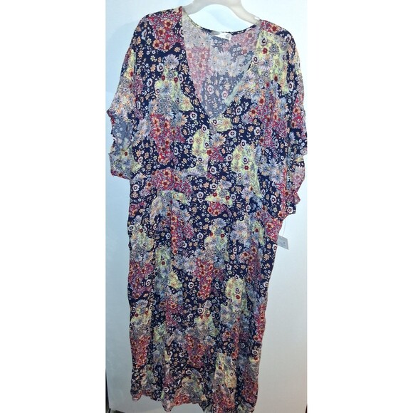 NWT 89th & Madison Multicolor Floral Short Sleeve V-neck Long Dress Sz 3X - Picture 1 of 3